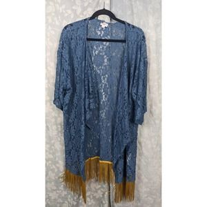 LuLaRoe Short Sleeve Blue Lace Kimono Gold Fringe Sz L